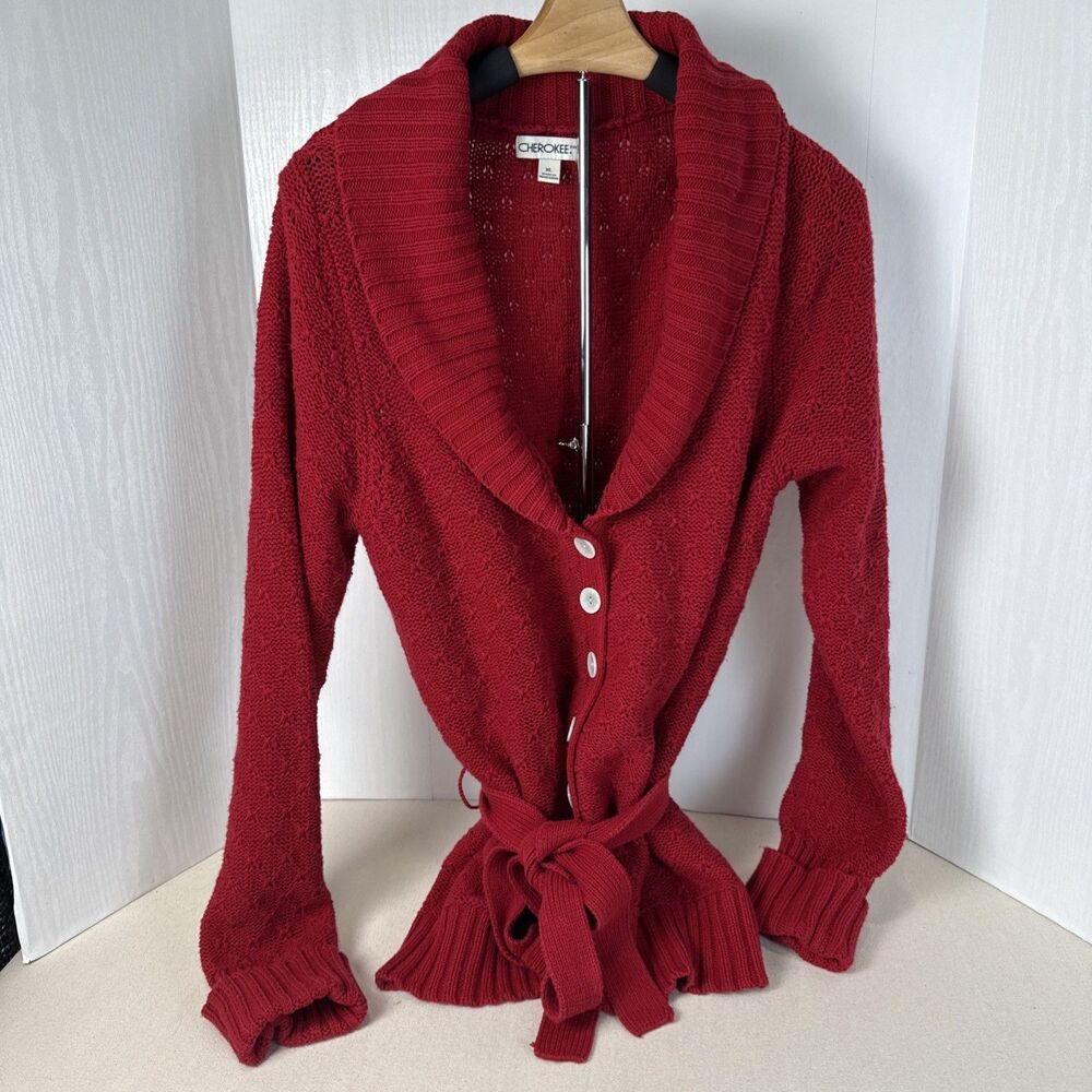 Cherokee Red Shawl Collar Texture Knit Cardigan Sweater Button Belted Women's XL